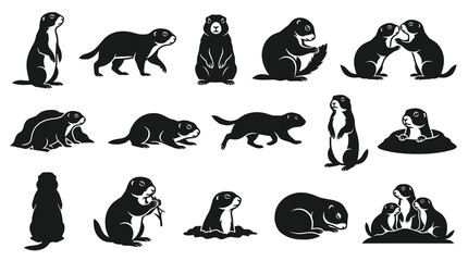 Fototapeta premium Black White Silhouette Vector Icons of Groundhogs