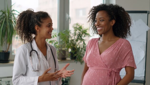 Two black women having a friendly conversation in a bright office setting