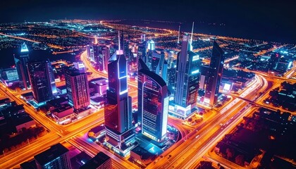 Obraz premium Aerial view of cityscape at night.