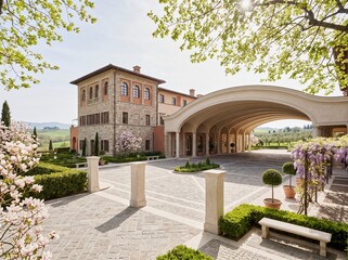 Fototapeta premium Resort driveway with arched portico and landscaped spring gardens