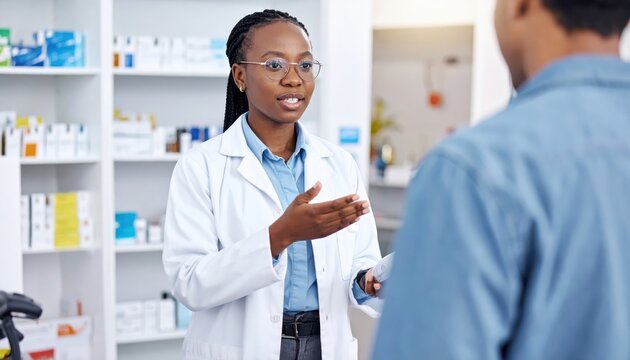 Pharmacist Consults with Customer About Prescription in Pharmacy
