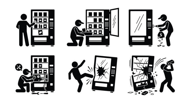 Vending machine illustrations black vector graphics on a white background