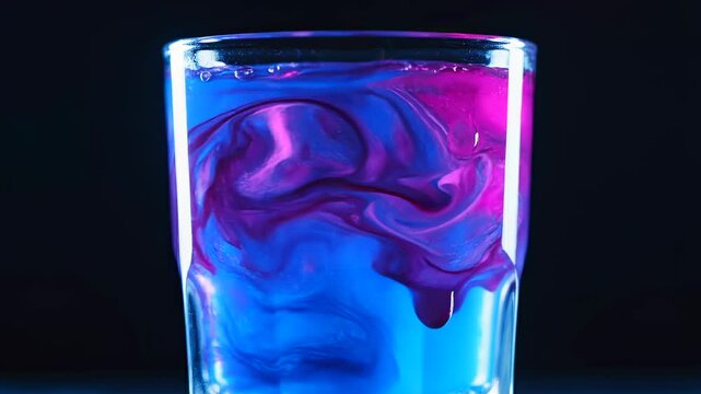 multi layer neon drink with magenta and blue tones swirling inside clear glass, macro front view capturing dynamic liquid motion and blending colors, vibrant futuristic aesthetic, contrast lighting