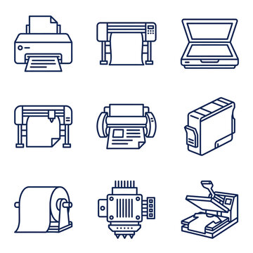 Set of modern printing and digital equipment icons in outline style