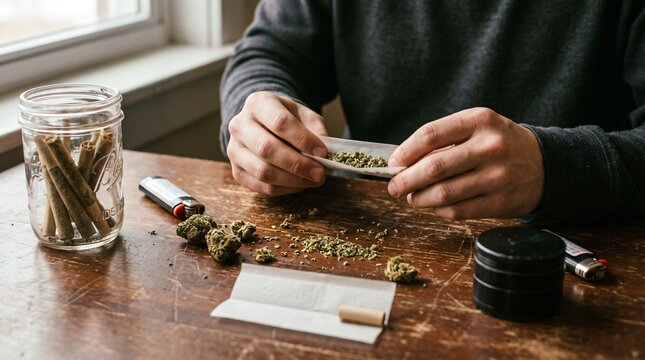 A close-up view of a person rolling a cannabis joint on a wooden table with smoking accessories.