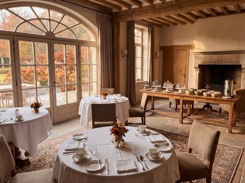 Intimate rustic private dining room with fireplace and round tables