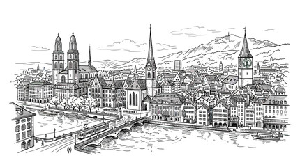Fototapeta premium Zurich Cityscape Sketch, Switzerland Skyline Panorama with River and Mountains