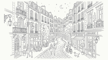 Naklejka premium Parisian Street Scene Illustration - Charming French Cityscape with Cafes and Shops