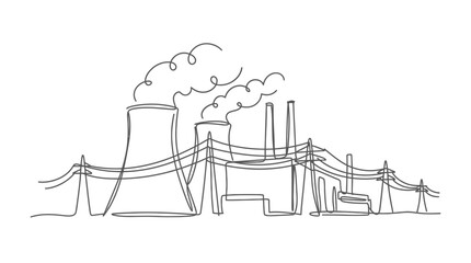 Obraz premium Continuous one line drawing of a factory power plant with cooling towers and transmission lines.