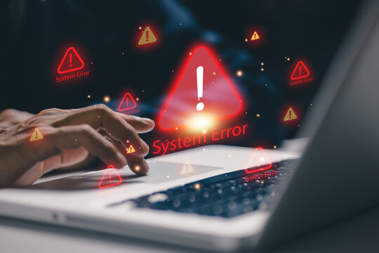 System error alert concept with warning icons on laptop screen, cybersecurity risk, software failure, network problem, digital security monitoring and information technology support.