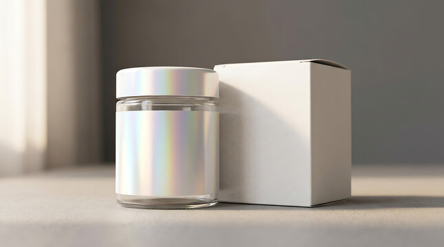 Blank glass spice jar with white lid and matching paper box mockup for branding packaging design and product presentation