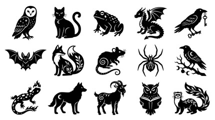 Fototapeta premium Mystical Occult Witchcraft Animals Creatures Black Glyph Silhouettes Icon Set
