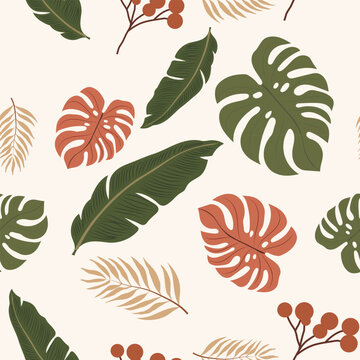 seamless tropical monstera banana leaf pattern botanical foliage background vector illustration