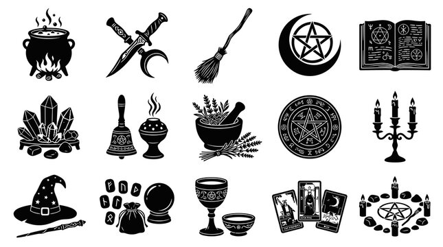 Black  White Glyph Witchcraft and Magic Symbols. Occult Pagan Mystical Elements Vector Icons.