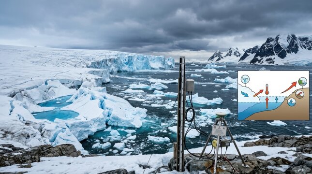 Antarctic ice shelf cracks into blue meltwater pools, a survey marker and tide gauge in the foreground, with floating ice fragments, a rising shoreline diagram.