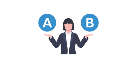 Businesswoman presenting two options a and b in a simple flat design isolated on white background © Nomita