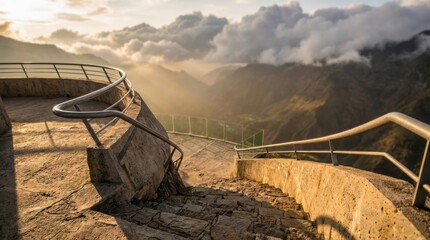 Fototapeta premium A sculptural concrete viewpoint terrace with curved railings, weathered stone steps, and a glass balustrade overlooks a vast mountain valley under dramatic clouds, shot at golden hour with leading