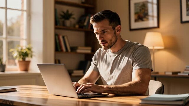 Focused man working on laptop in cozy sunlit room typing intently at home office workspace