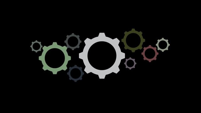 4K Gear mechanism rotating 2D cartoon object animation. colorful engaged cogwheels in motion. Process automation, settings, mechanical spinning cogs animated 