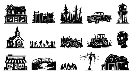 Obraz premium Post-Apocalyptic Horror Survival Black White Silhouette Icons Set: Abandoned Buildings, Zombies, Elements