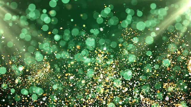 Emerald Green Bokeh Background with Floating Golden Particles and Light Rays