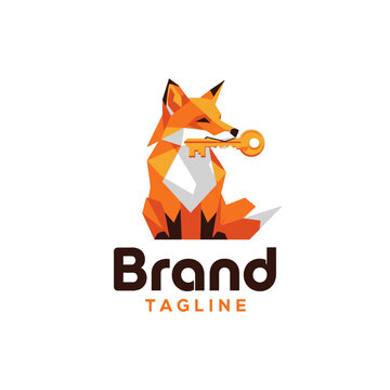 Geometric orange fox holding a golden key logo.