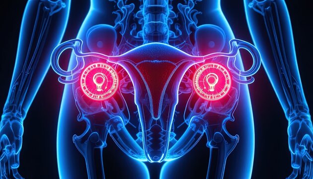 Human female reproductive anatomy depicted in a glowing blue xray style with highlighted ovaries.