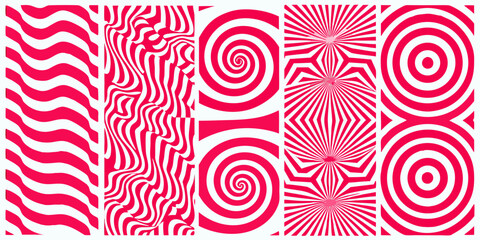Fototapeta premium five vertical panels featuring bold geometric patterns designs abstract art red white spiral shapes wavy lines