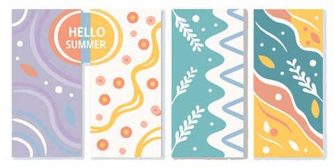 Fototapeta premium hello summer greeting card set colorful flat vector illustration design art memphis style playful theme dots