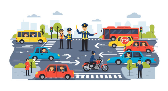 Busy city street intersection with traffic police directing traffic, cars, bus, motorcycle