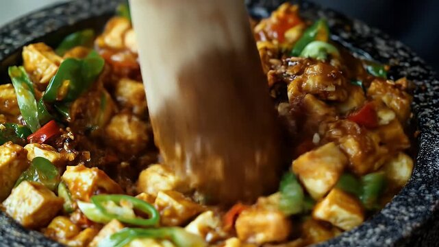 Tofu dish, with sauce, pepper, & wooden utensil in a speckled bowl