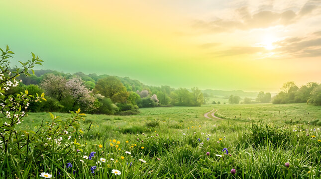 Vibrant green spring meadow filled with colorful wildflowers at sunrise