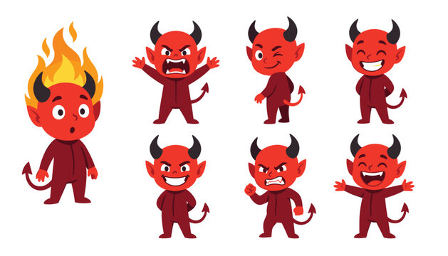 Cute red devil cartoon boy character expressions set flat vector illustration bundle isolated on white background