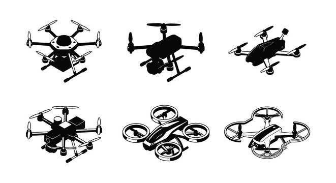 Drone Silhouettes Black Vector Illustration On White Background