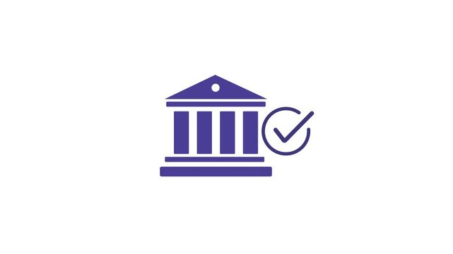 Purple bank building icon with a checkmark on a white background finance money