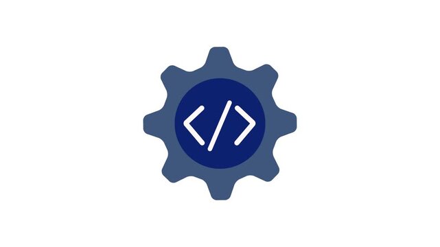 Blue gear icon with coding symbols inside on white background cogwheel programming
