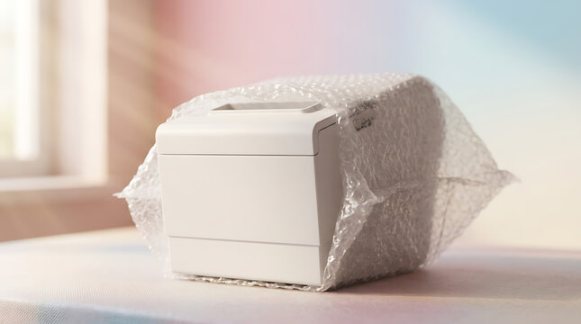Compact thermal receipt printer wrapped in protective bubble wrap for shipping logistics and safe equipment delivery