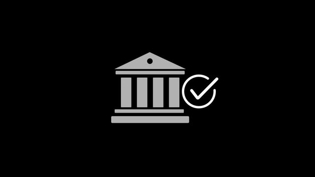 Gray bank building icon with a checkmark on a black background finance money