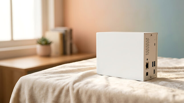 Compact white mini server computer tower placed on soft textured blanket in sunlit home office environment for tech hardware