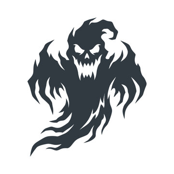 A spooky black ghost silhouette with a scary face on white
