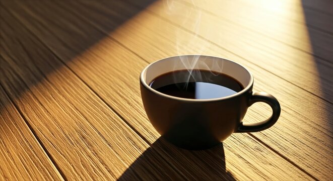Steaming Cup of Hot Black Coffee on Wooden Table