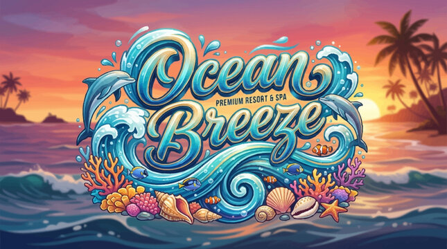 Vibrant summer vacation logo design featuring ocean breeze waves and tropical palm trees at sunset