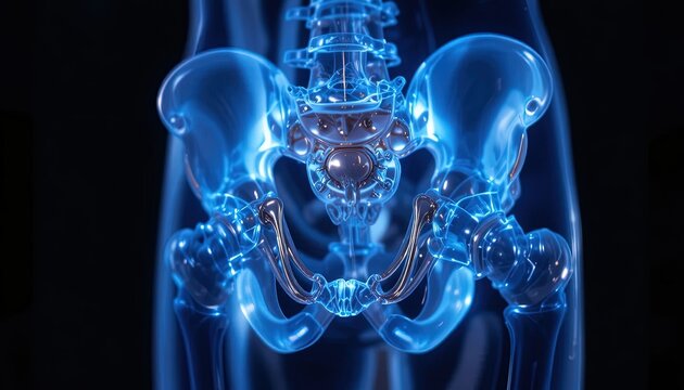 Human pelvic bone structure glows with ethereal blue light.