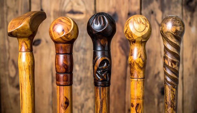 Collection of handcrafted wooden walking canes with carved handles.