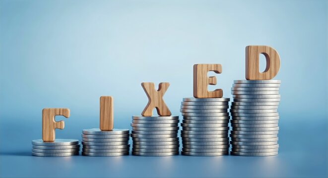 Fixed Rate Financial Growth Concept with Wooden Letters on Coin Stacks
