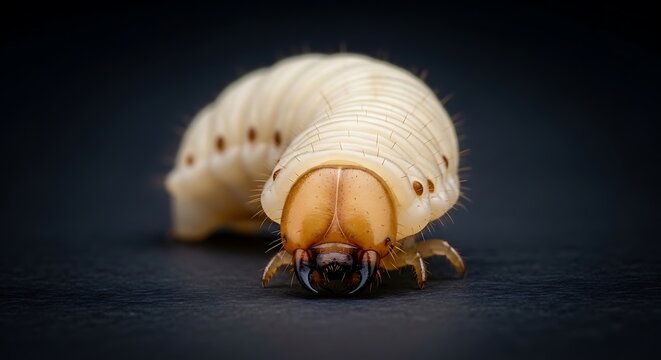 Closeup of white grub insect larva.