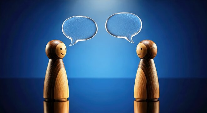 Two Wooden Peg Dolls With Speech Bubbles Representing Communication