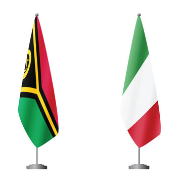Vanuatu and Italy flags on flagpoles for official ceremonies and meetings, transparent background vector