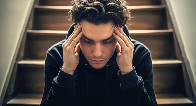 Stressed Young Man Sitting on Stairs Feeling Overwhelmed and Anxious