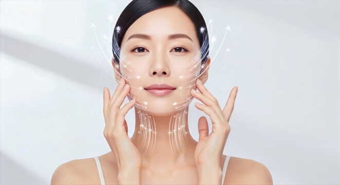 Beautiful Young Asian Woman With Facial Lifting Lines Concept